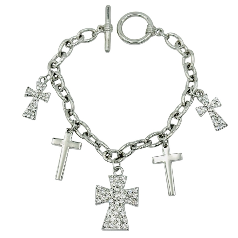 Christian Cross Charm Dangle Silver Tone Bracelet